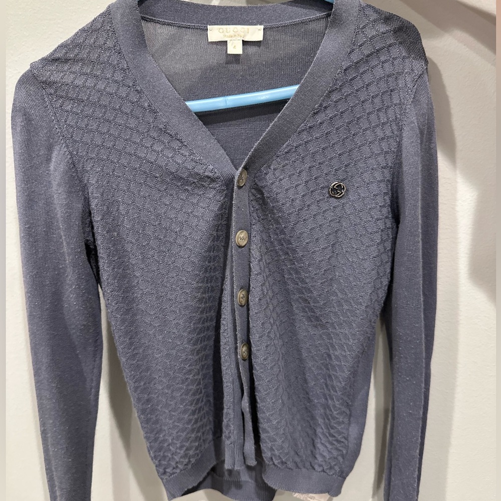 Gucci Gray Textured Knit Cardigan Sweater